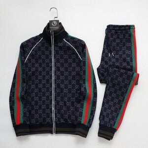 Gucci Blue and Red GG Monogram Bomber Jacket